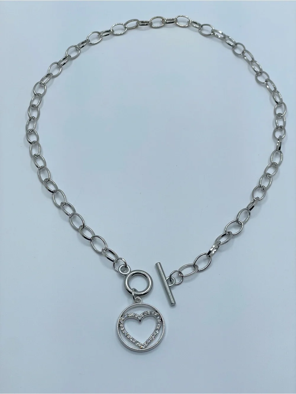 Silver Tone Crystal Heart Toggle Necklace Romantic Glam Statement